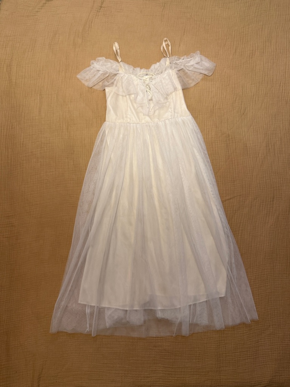 Cream White Off-Shoulder Ruffle Tulle Tea Length Midi Fairy Dress